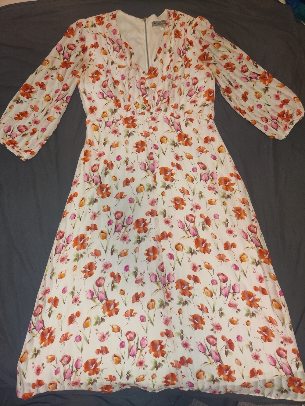 Floral V-Neck Midi Dress in Ivory with Pink & Orange Blooms